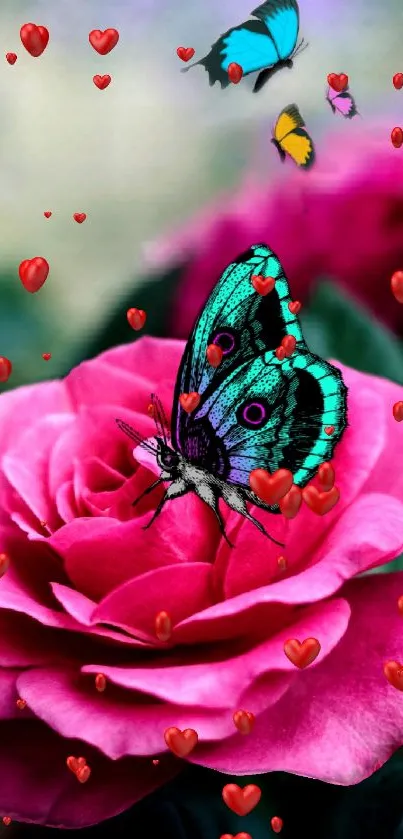 Colorful butterflies on a pink rose with red hearts.