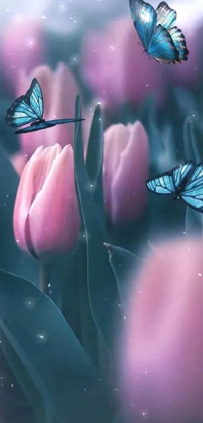 Blue butterflies fluttering above pink tulips.