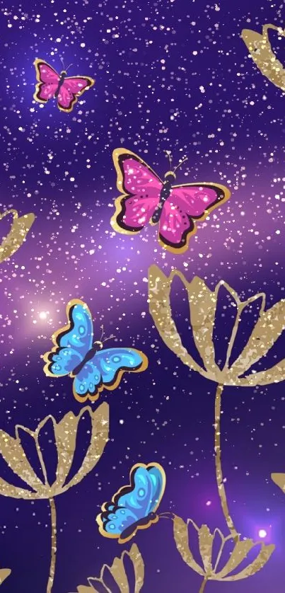 Colorful butterflies with golden flowers on a purple night sky wallpaper.