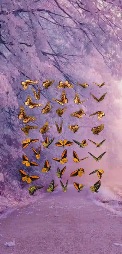 Colorful butterflies on a pastel purple pathway scene.