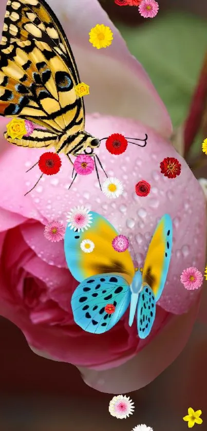 Beautiful butterflies resting on a dewy pink rose with colorful flowers around.