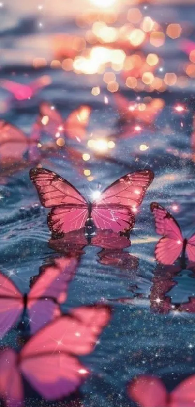 Pink butterflies flutter over sparkling water.