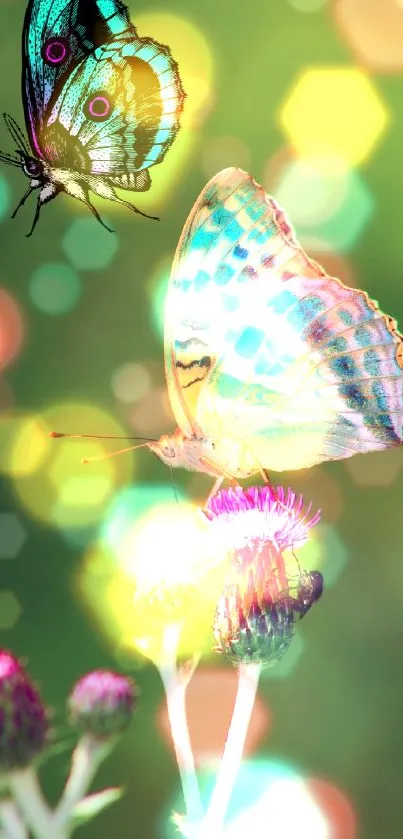 Colorful butterflies on thistle flowers with green background.