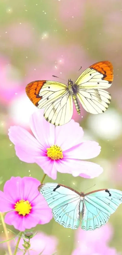 Two butterflies on pink flowers with a glowing background.