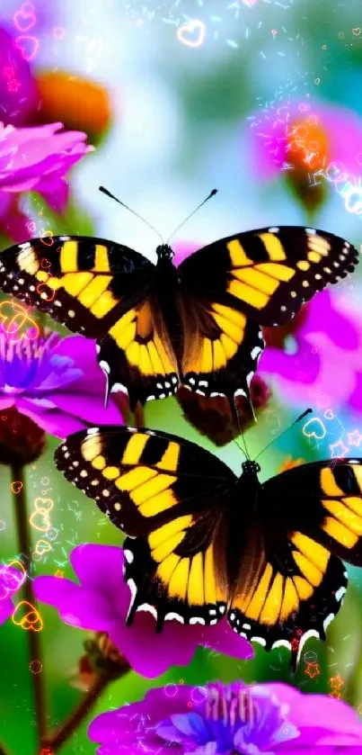 Colorful butterflies resting on vibrant purple flowers.