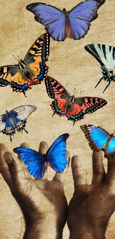 Hands releasing colorful butterflies on a vintage background.