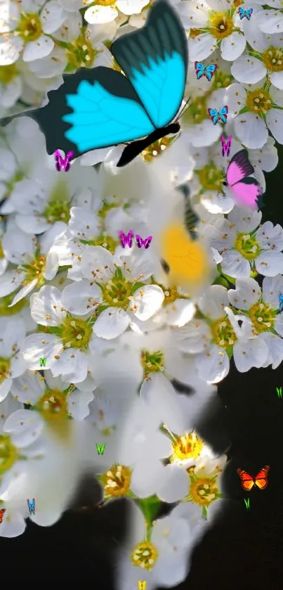 Vibrant butterflies flutter over white blossoms, creating a lively and colorful scene.