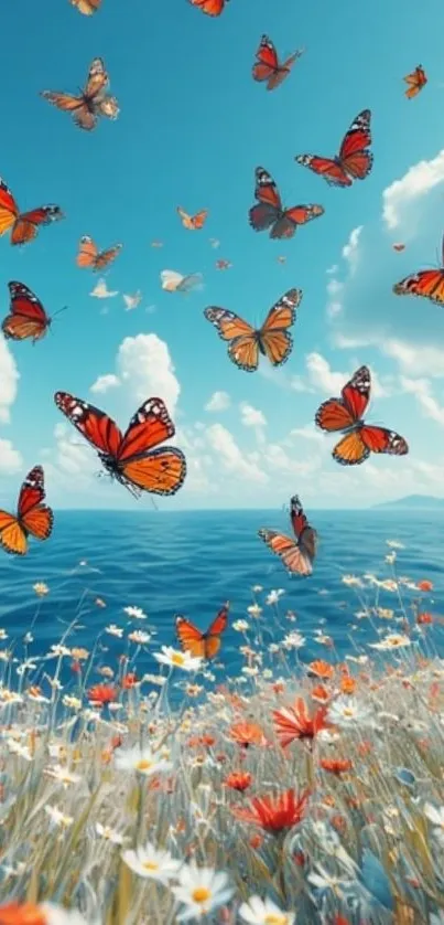 Vibrant butterflies flying over an ocean with a floral meadow.