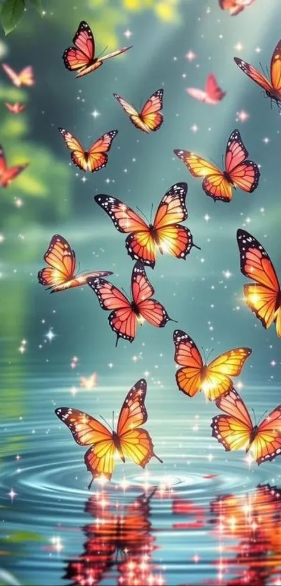 Vibrant butterflies fluttering over sparkling water with sunlight reflections.
