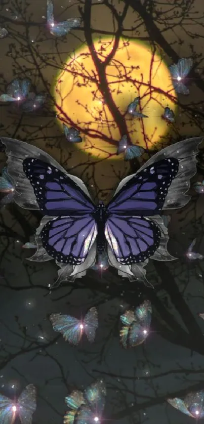 Butterflies flutter around a full moon in a dark, serene night sky setting.