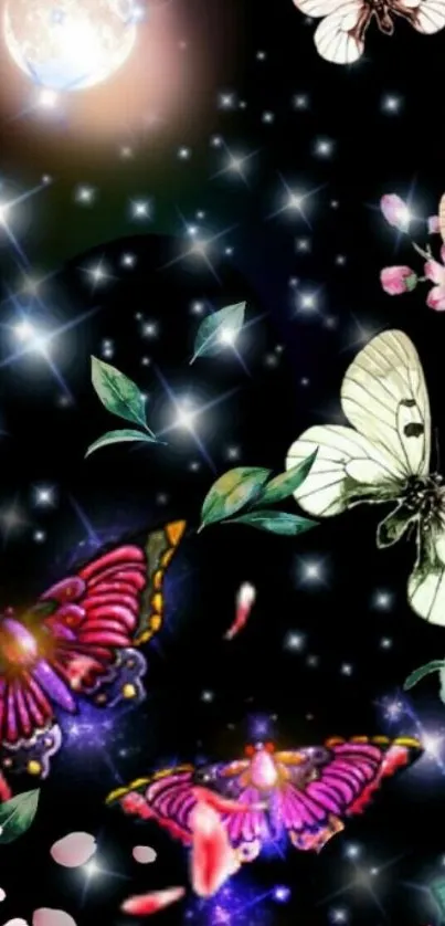 Moonlit night with butterflies and stars wallpaper.