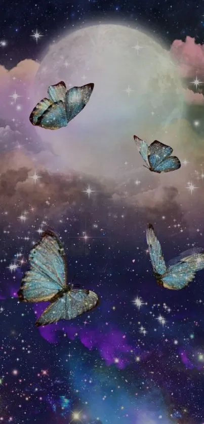 Blue butterflies flutter under a full moon with stars.