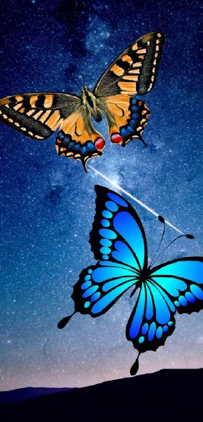 Butterflies flying under a starry night sky on a dark blue mobile wallpaper.