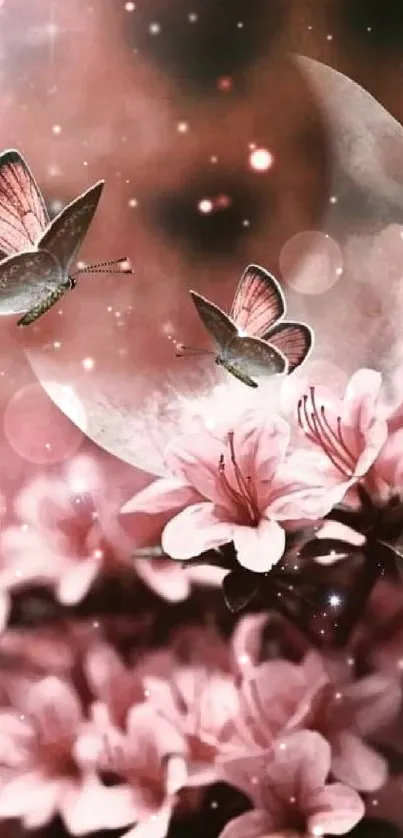 Butterflies flutter around pink flowers in a mystical moonlit scene.