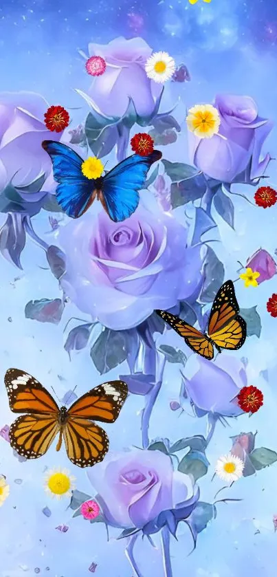 Purple roses and butterflies elegant wallpaper.