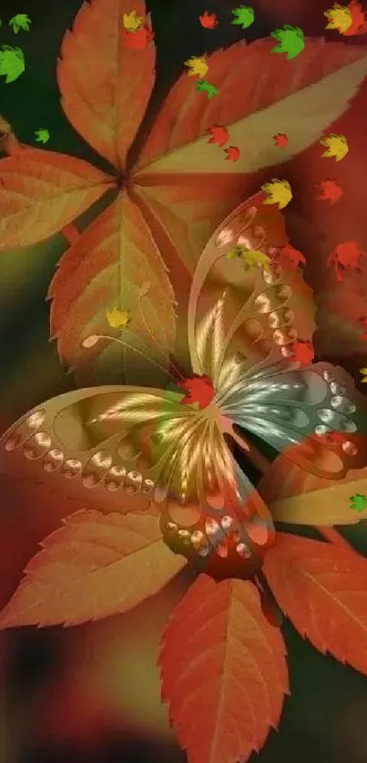 Colorful butterfly on red autumn leaves.