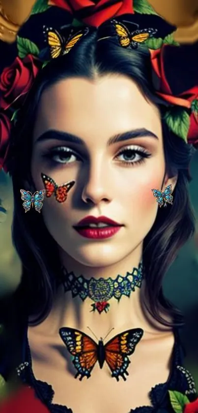 Woman with butterflies and roses, artistic wallpaper.