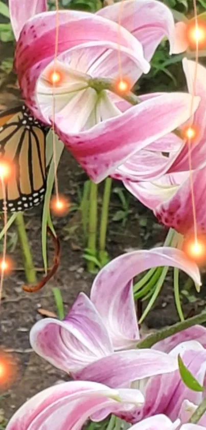 Butterfly resting on pink lilies with glowing orange lights.