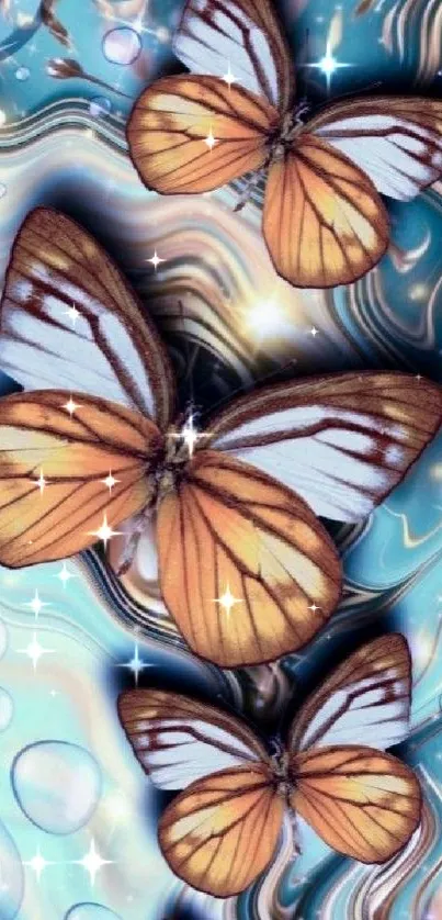 Butterflies on aqua swirl background for phone wallpaper.