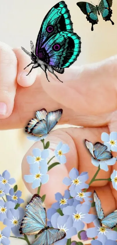 Baby hand touching butterfly with flowers.