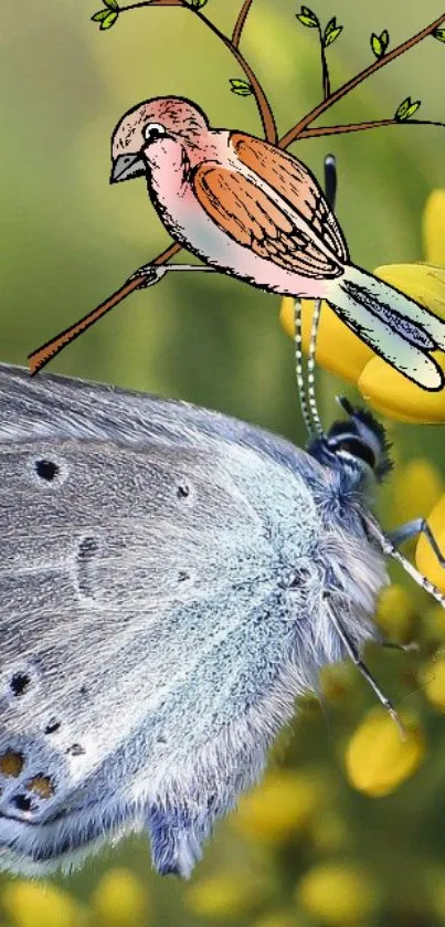 Mobile wallpaper with butterfly and artistic bird on yellow flowers.