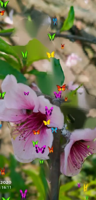 Pink blossoms with colorful butterflies in a vibrant nature scene.