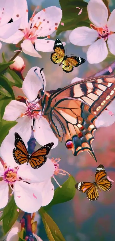 Colorful butterflies on white blossoms with a pink background.