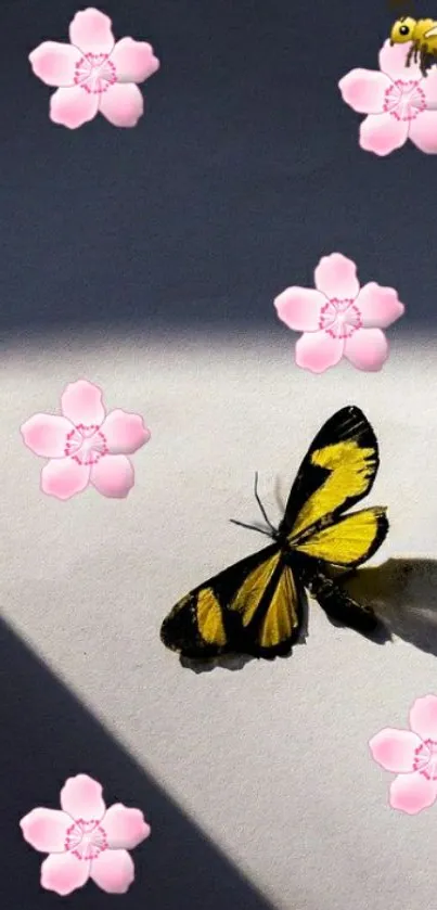 Yellow butterfly with pink blossoms and bee on a phone wallpaper.