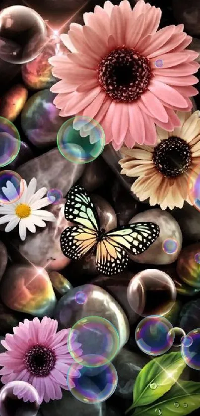 Vibrant butterfly and colorful flowers on dark stones.