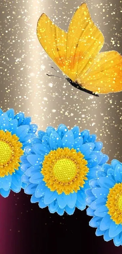 A yellow butterfly hovers over vibrant blue flowers on a shimmering background.