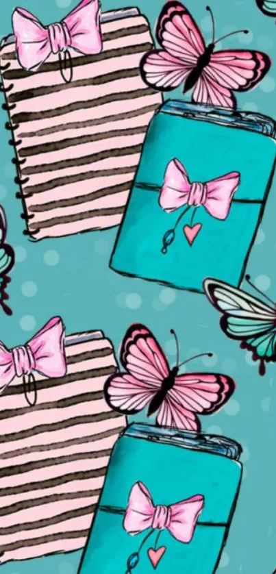 Teal wallpaper with butterflies, books, and bows in artistic design.