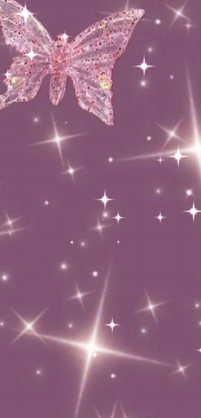 Purple wallpaper with sparkling butterfly and bow.