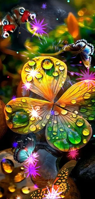 Colorful butterfly and clover with dew on mobile wallpaper.