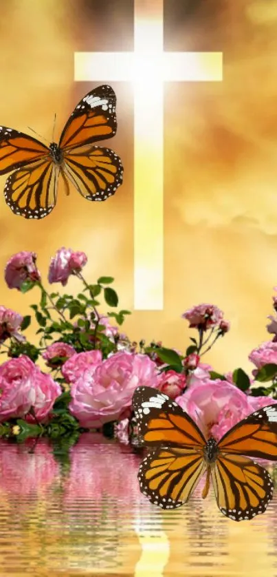 Butterflies and cross with pink roses on water background.