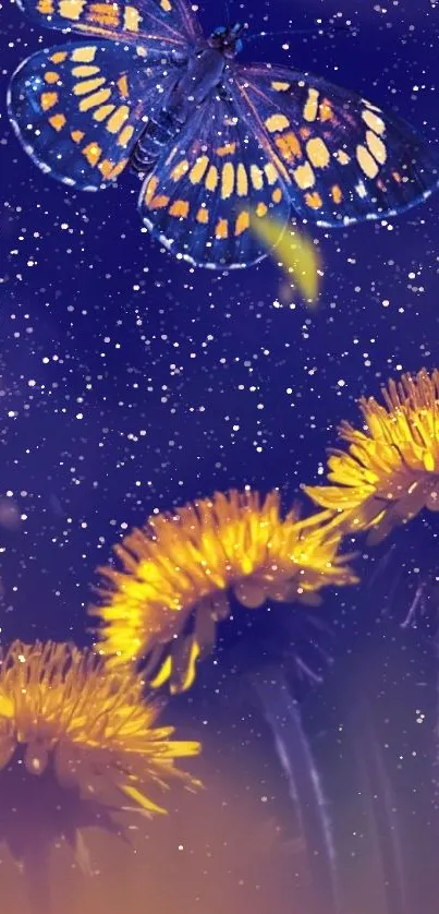 Vibrant butterfly flying over yellow dandelions on a dark purple background.