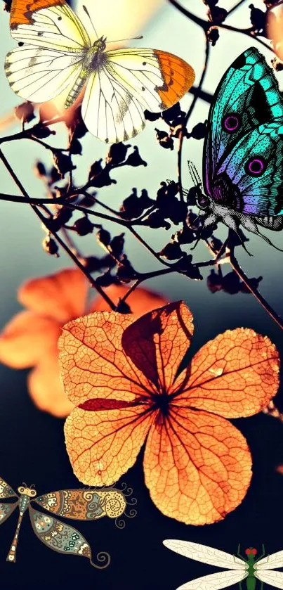 Colorful butterflies and dragonflies on orange leaves wallpaper.