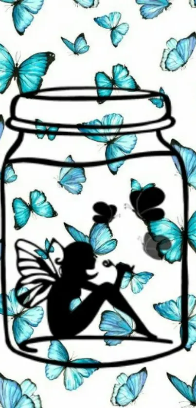 Whimsical wallpaper with blue butterflies and fairy in a jar.