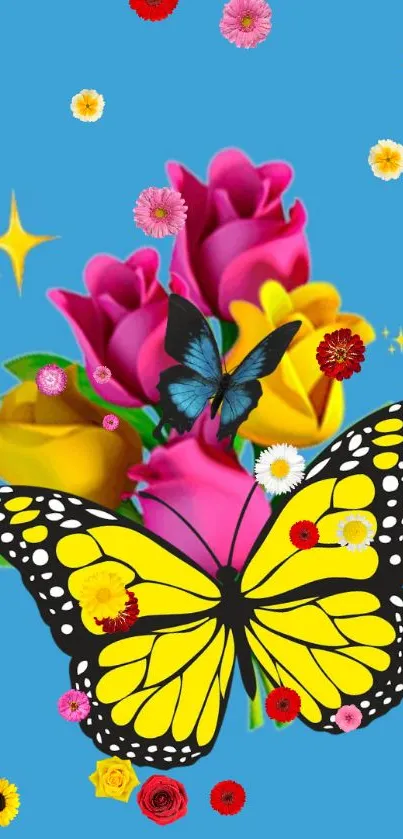 Vibrant blue wallpaper with flowers and butterflies.