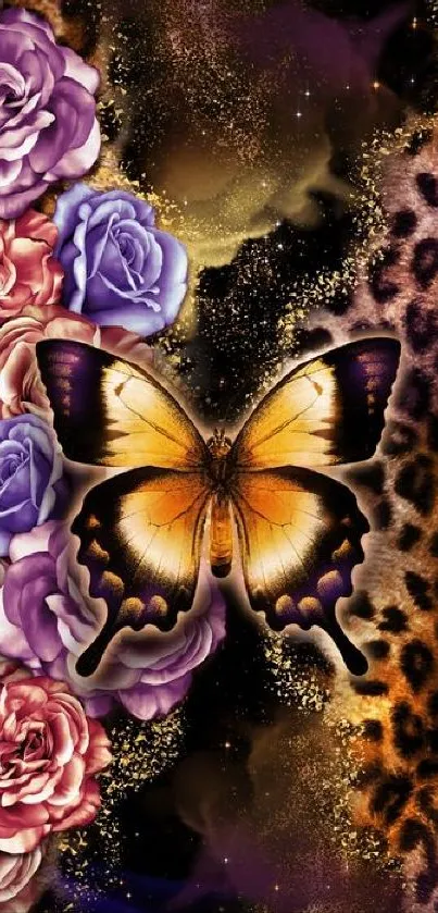 Artistic butterfly and floral mobile wallpaper with leopard pattern.