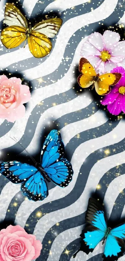 Colorful butterflies and flowers on a wavy artistic background.