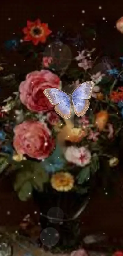 Mobile wallpaper of a butterfly on a colorful floral arrangement with dark background.