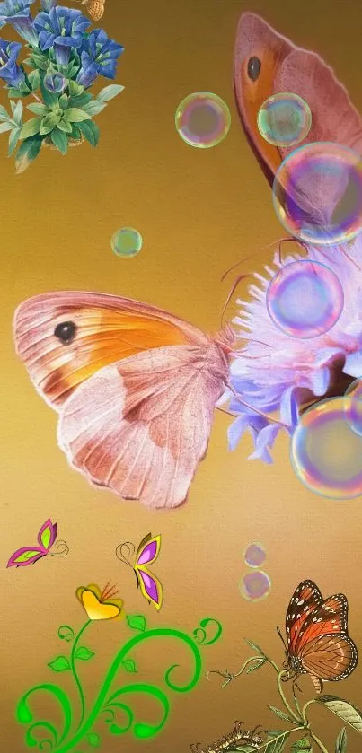 Vibrant butterfly and flowers on golden background wallpaper.