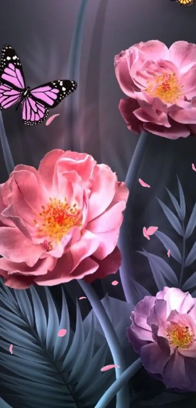 Vibrant pink roses and butterflies on dark background