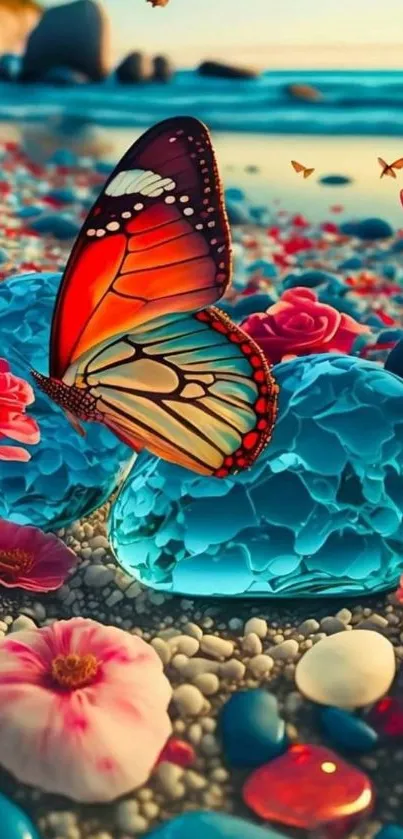 Butterfly resting on vibrant flowers at a colorful beach.