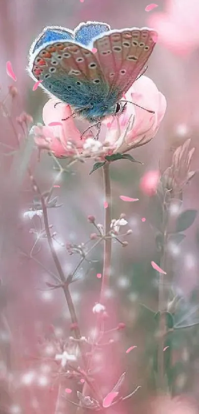 Butterfly resting on soft pink flowers in a serene, pastel-colored scene.