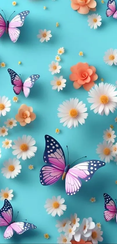 Colorful butterflies and flowers on a turquoise background.