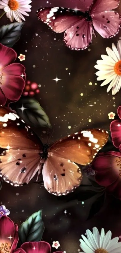 Elegant mobile wallpaper with butterflies and vibrant flowers.