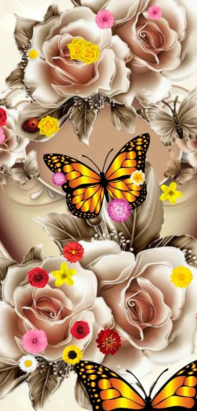 Elegant wallpaper with butterflies and roses in soft colors.