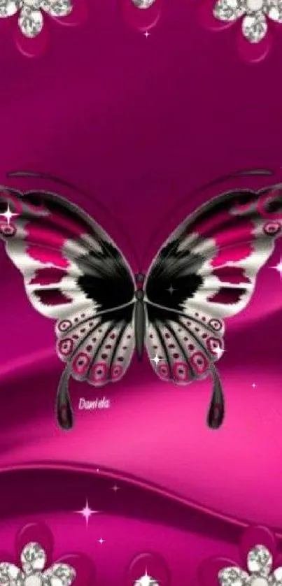 Magenta wallpaper with butterfly and jewel flowers.