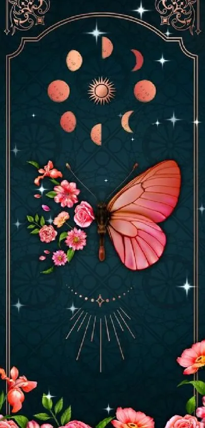 Butterfly and floral wallpaper with lunar phases on a deep teal background.